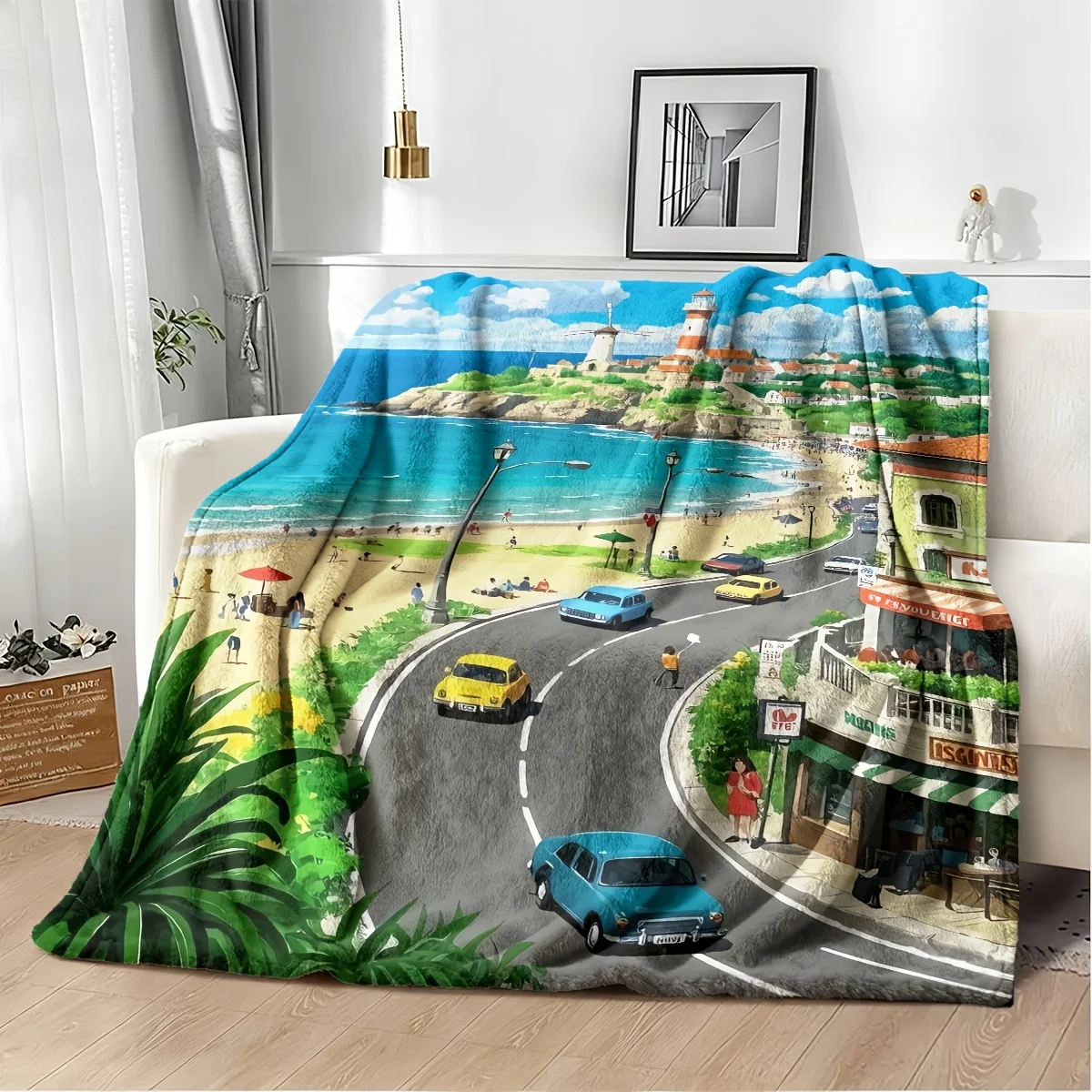 Mediterranean Coastal Town Scenery Throw Blanket European Travel Art Print Beach Summer Decor Indoor Picnic Throw Gift