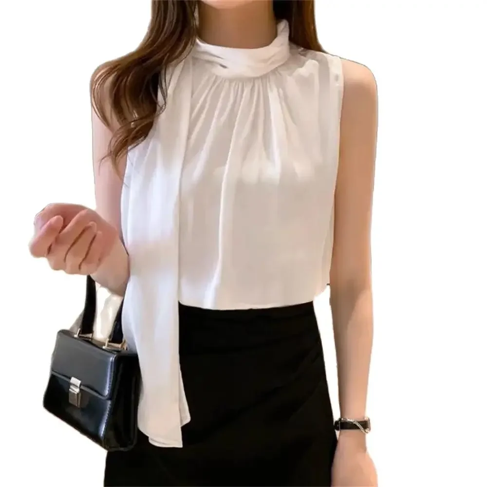 

Pop 2024 White Turtleneck Back Bow Tie Blusas Tops Clothing Office Lady Fashion Sleeveless Chiffon Shirt Halter Blouse Women Sum
