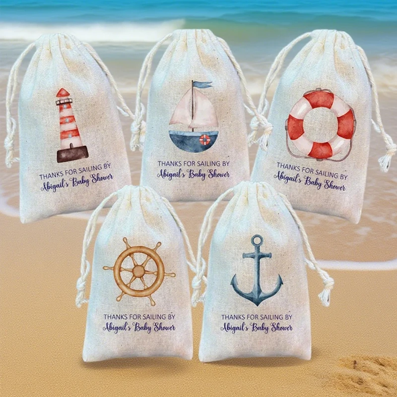 

5pcs Personalised Thanks for Sailing Nautical Party Favor Bags Maritime Sea Themed Bag Baby Shower Birthday Party Decorate Gift