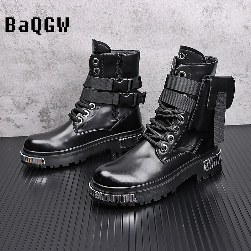 Metal Patchwork High-Top Shoes Men\'s Autumn Winter Fashion Trend Cowboy Boot British Style Height Increasing Leather Short Boots