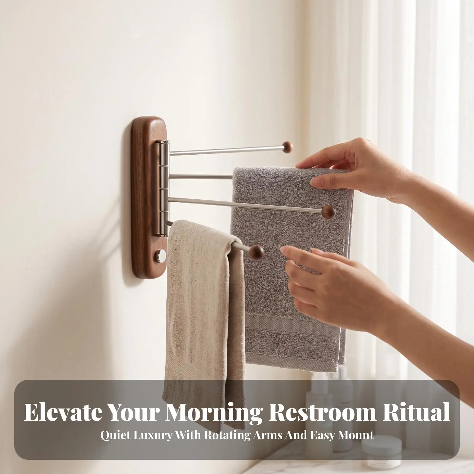 Towel Rack with Wooden Base No-Drill Swivel Towel Rack Hardware Rotating Space-Saving for Bathroom, Washstand