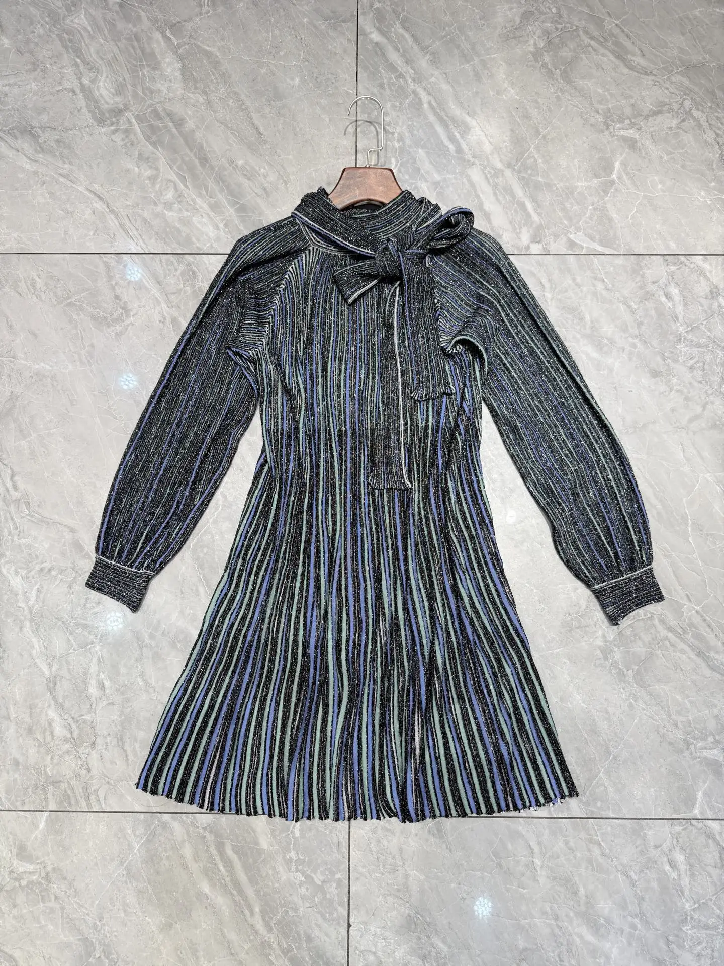 

Women Sequined Shiny Knitted Mini Dress Lace-up Stand Collar Long Sleeve High Waist Vintage Ladies Striped Robe