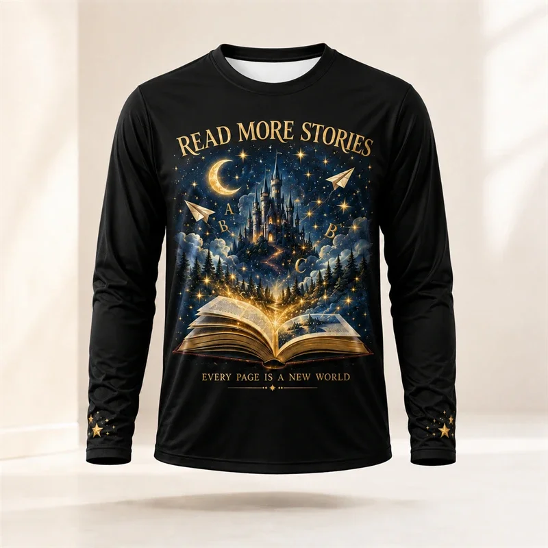 Mens Fantasy Magic Castle Book Print Long Sleeve T-Shirt Starry Sky Graphic Crew Neck Casual Literary Reading Theme Novelty Tops
