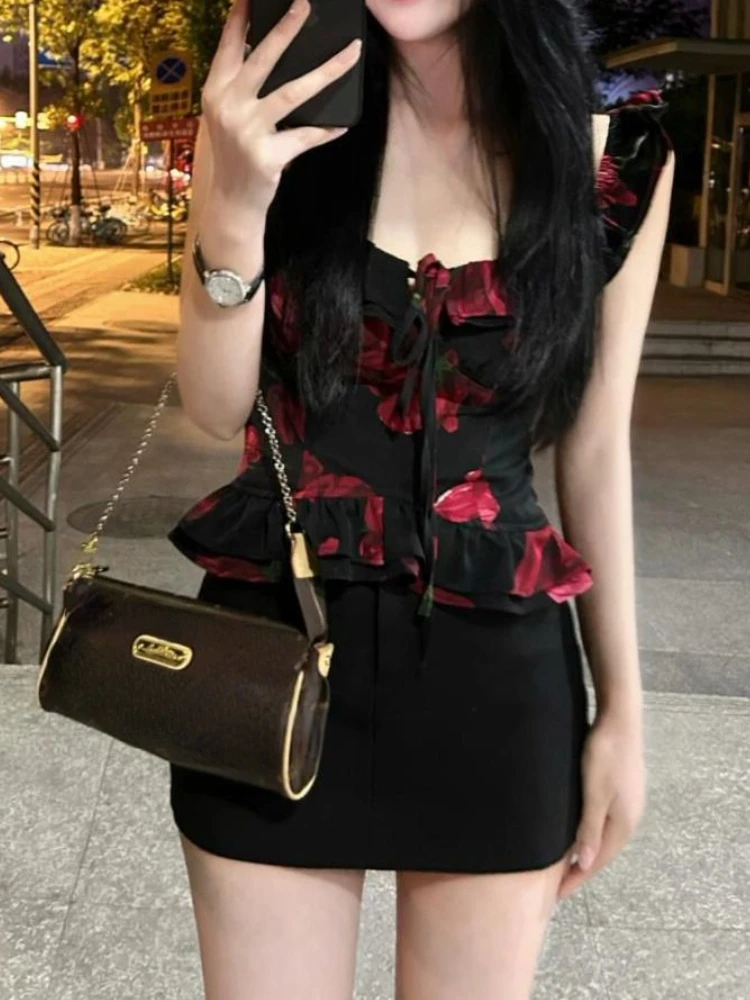 France Y2k Square Neck Slim 2 Piece Set Women Sexy Hot Chick Print Flounce Sleeveless Tops Female + Retro High Waist Thin Skirt