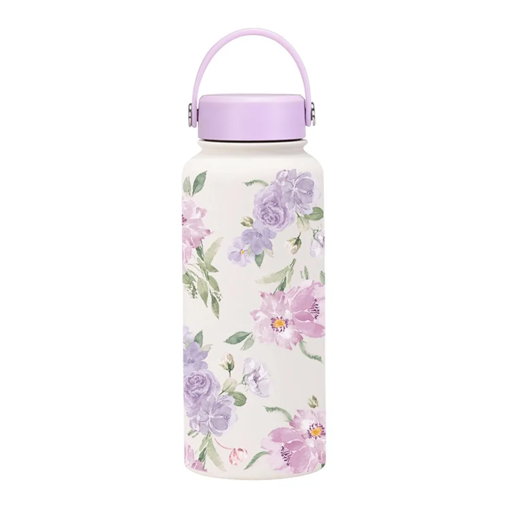 1000ML Vacuum Bottle Printed Design Flowers Pattern Vacuum Sports Bottle Portable Large Capacity Water Bottle Outdoor Activities