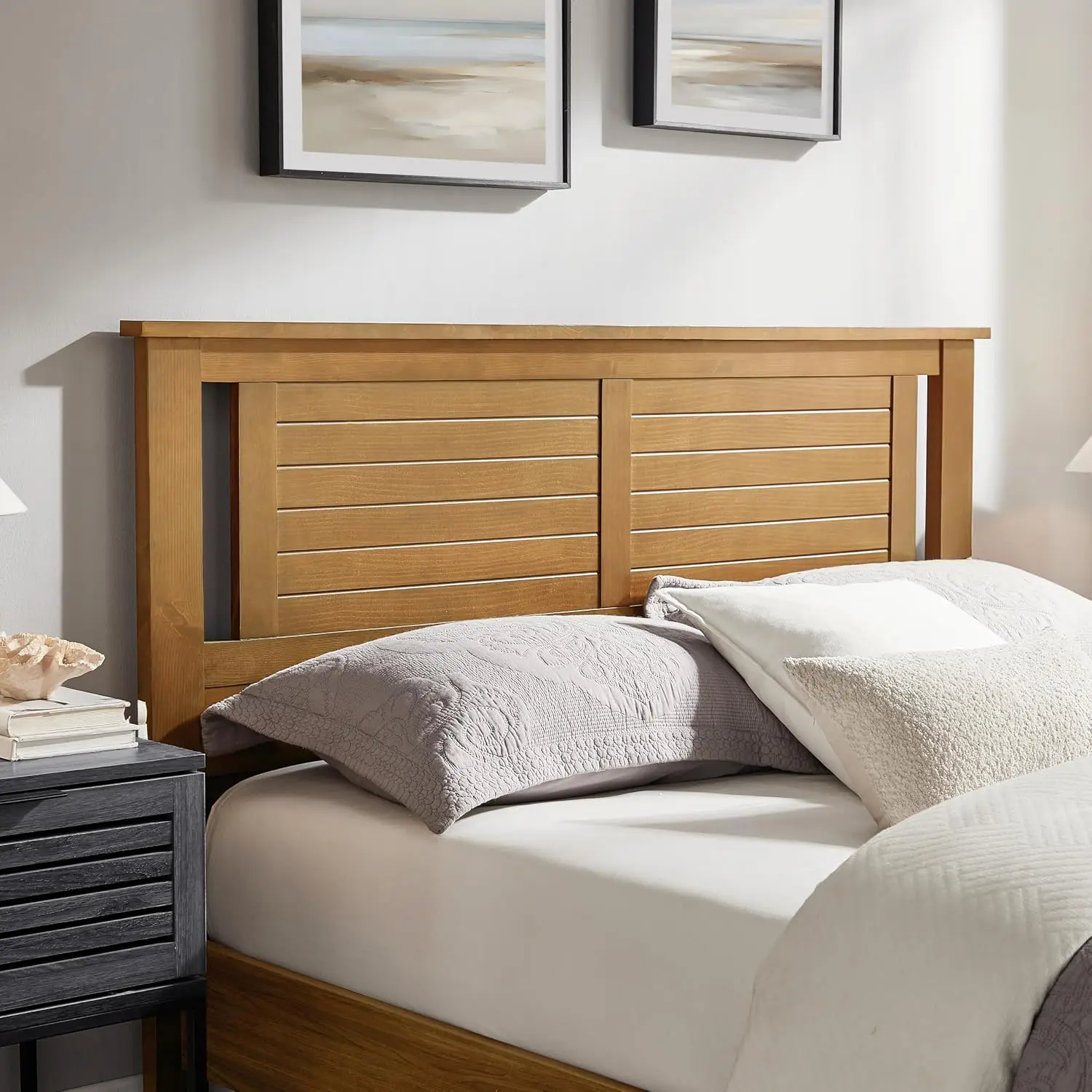 Solid Pine Queen Size Headboard Panel with Horizontal Line Texture, Easy to Install Bedroom Bed Backboard, Premium Stained Wood Material