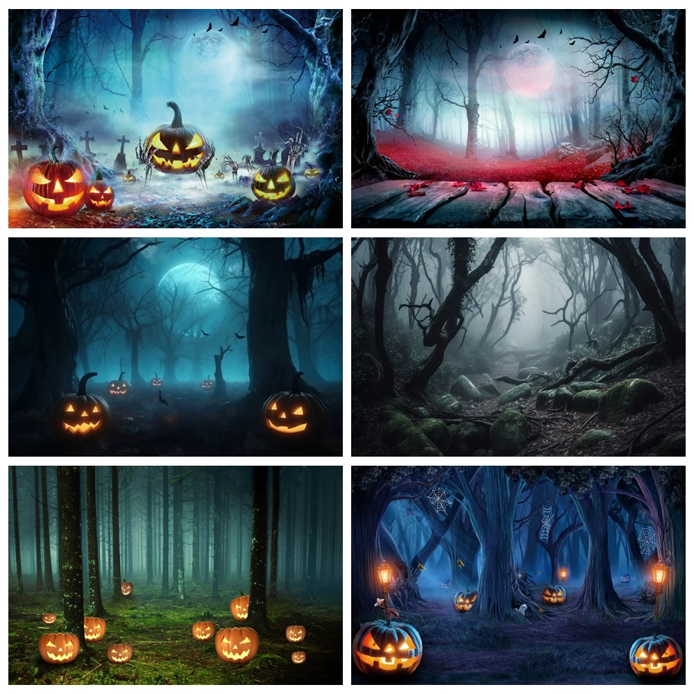 Halloween Backdrop Horror Night Moon Misty Dark Forest Gloomy Grove Scary Ghost Pumpkin Adults Portrait Photography Background