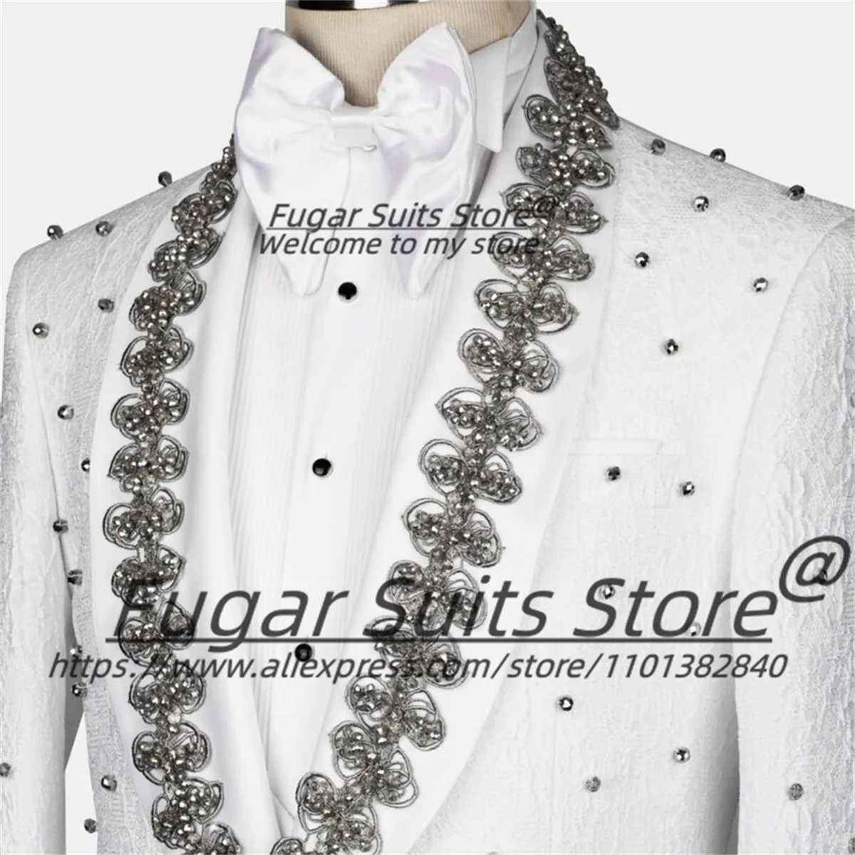 Luxuly White Crystal Embroidered Formal Men Suits Customized Slim Shawl Lapel Groom Wedding Tuxedos 3Pcs Sets trajes para hombre