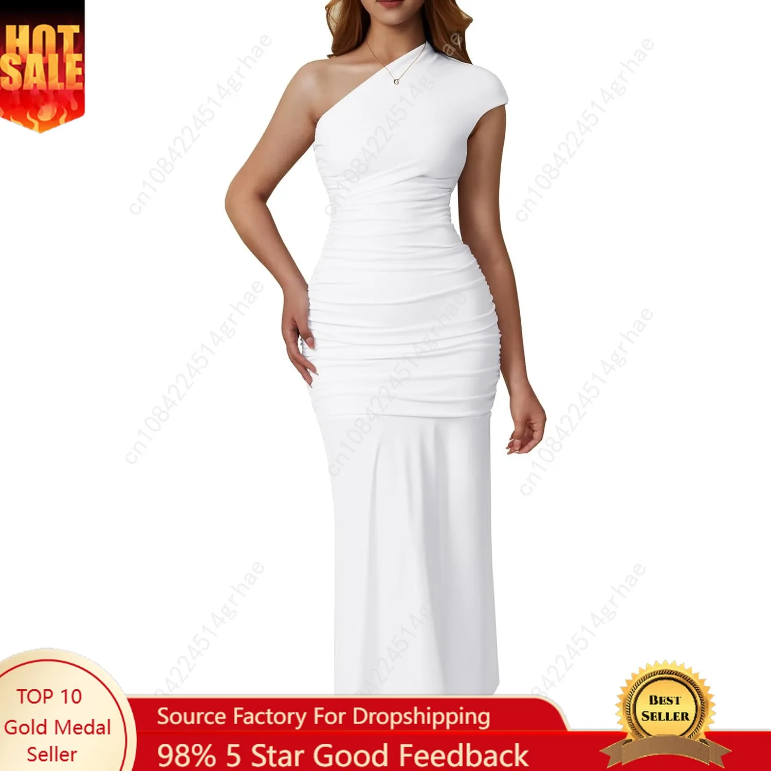 

Women's Elegant One Shoulder Sleeveless Ruched Bodycon Cocktail Party Midi Dress