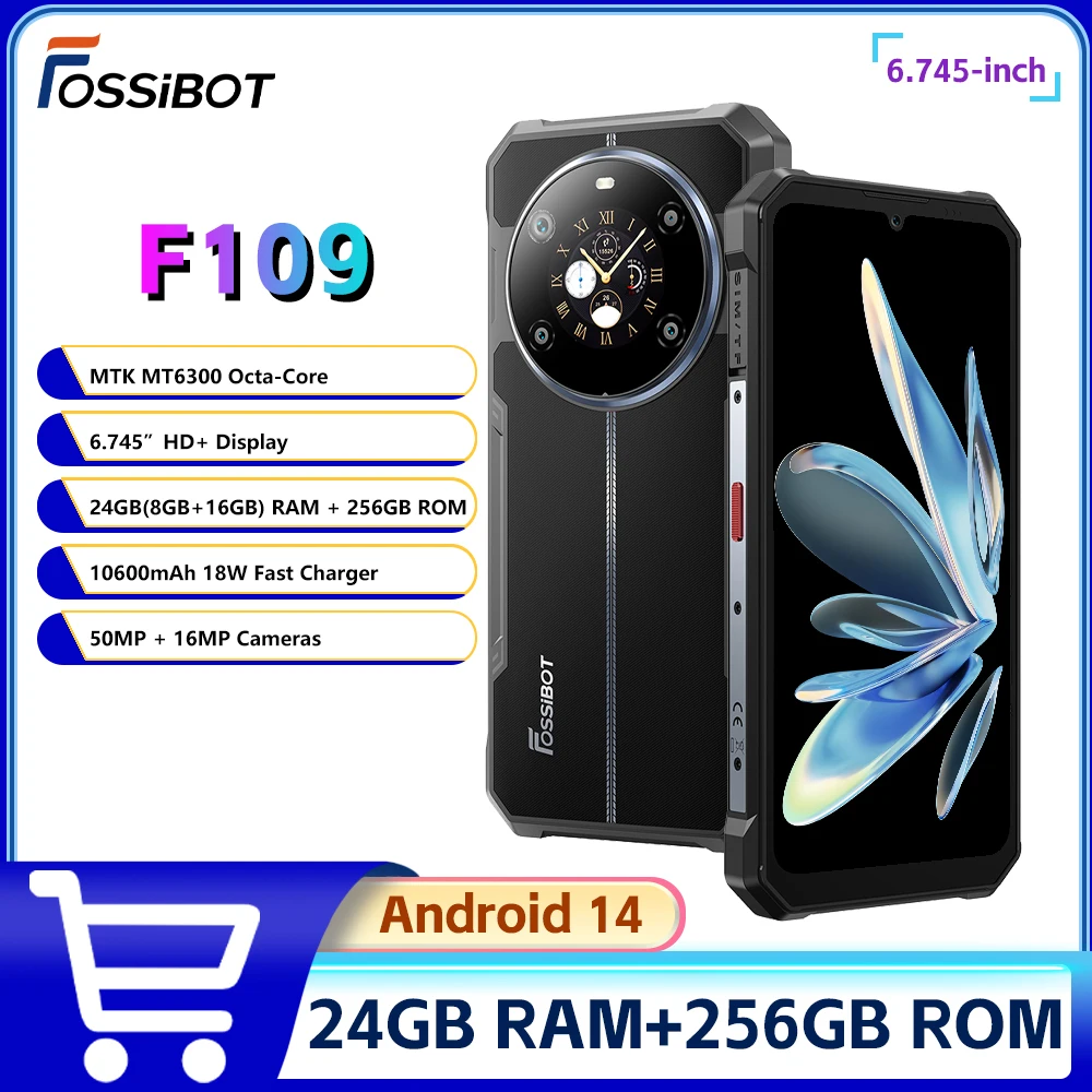 Fossibot F109 5G 견고한 휴대폰, 안드로이드 14, 6.745 인치, 8GB + 256GB 휴대폰, 10600mAh, 64MP 스마트폰 NFC