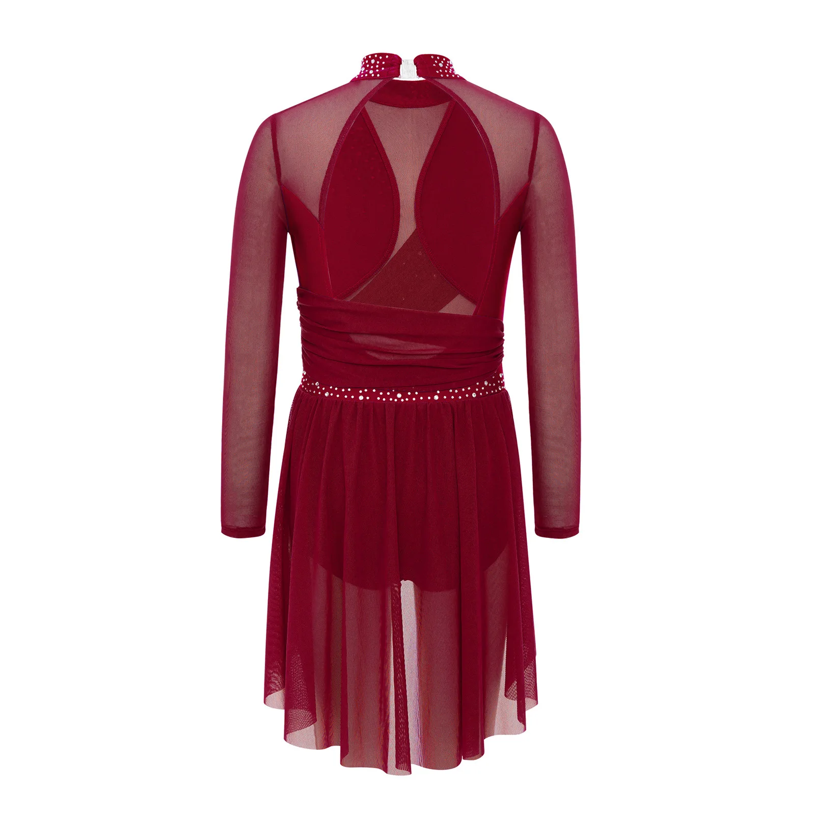 Kids Girls Lyrical Dance Costume Dress Long Sleeve Split Sheer Mesh Ballet Dress Child Glittery Rhinestones Figure Skating Dress