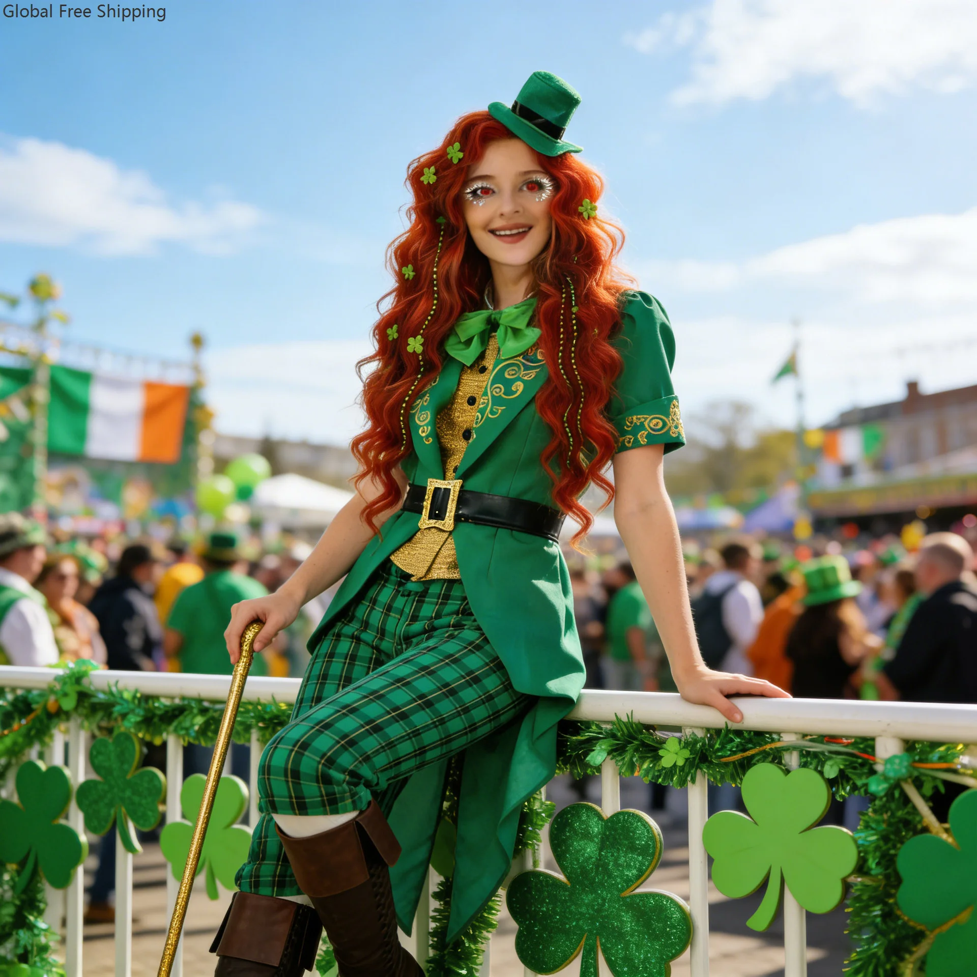 

Halloween Irish Leprechaun Lady Costume Green Shamrock Outfit Adult St. Patrick's Day Carnival Party Parade Suit Tuxedo Set 2026