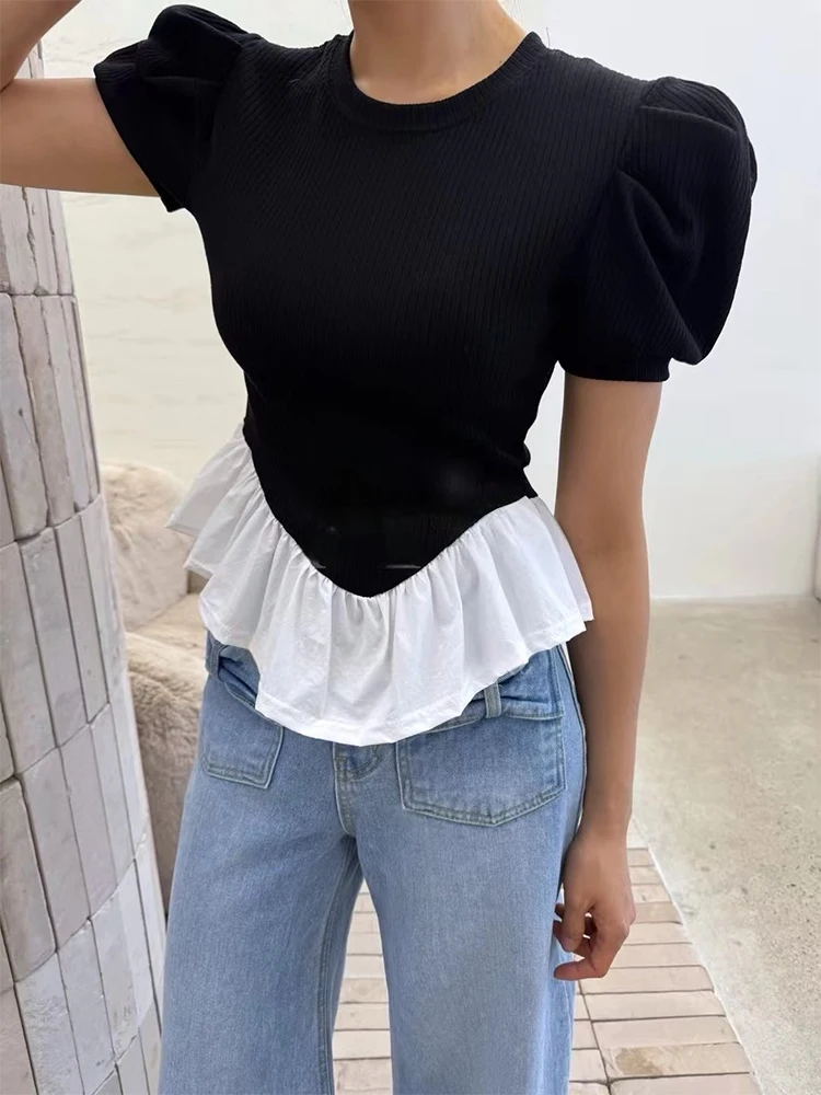 

Облегающая футболка, женская летняя новая винтажная футболка с кружевным подолом нестандартной формы, корейский топ с пузырьками све, круглый топ Ne