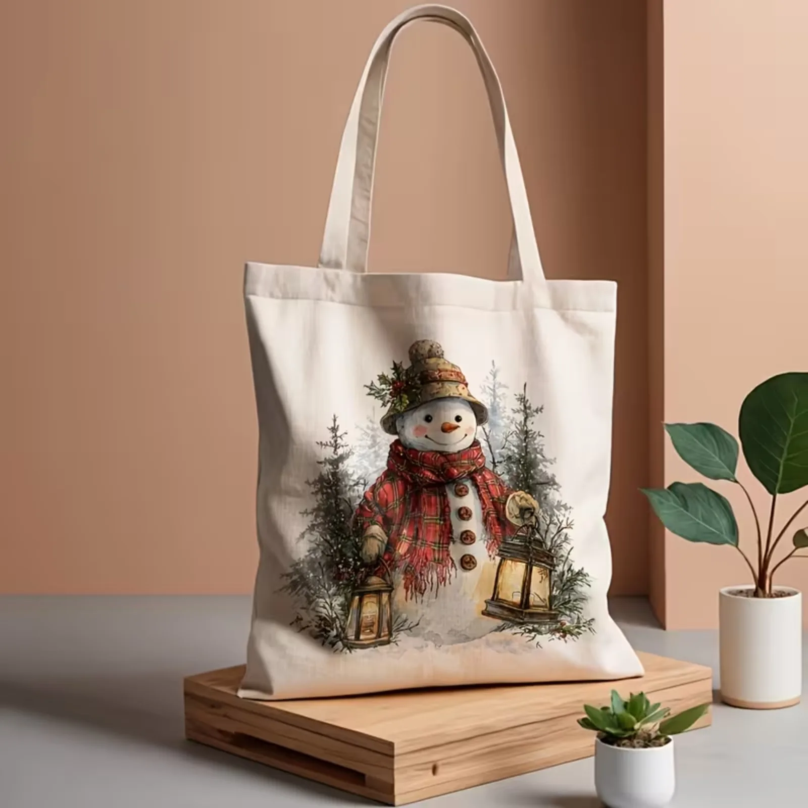 Christmas Holiday Gift Canvas Tote Bag Snowman With Lantern Plaid Scarf Winter Pine Tree Print Shopping Shoulder Bag for Women