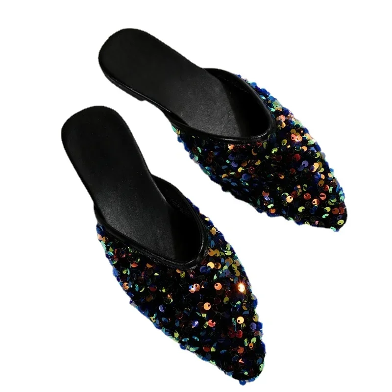 Shoes for Women 2024 New Sparkling Rhinestones Women's Slippers Fashion Outer Wear Closed Toe Slippers Comfortabl Low Heel Mules