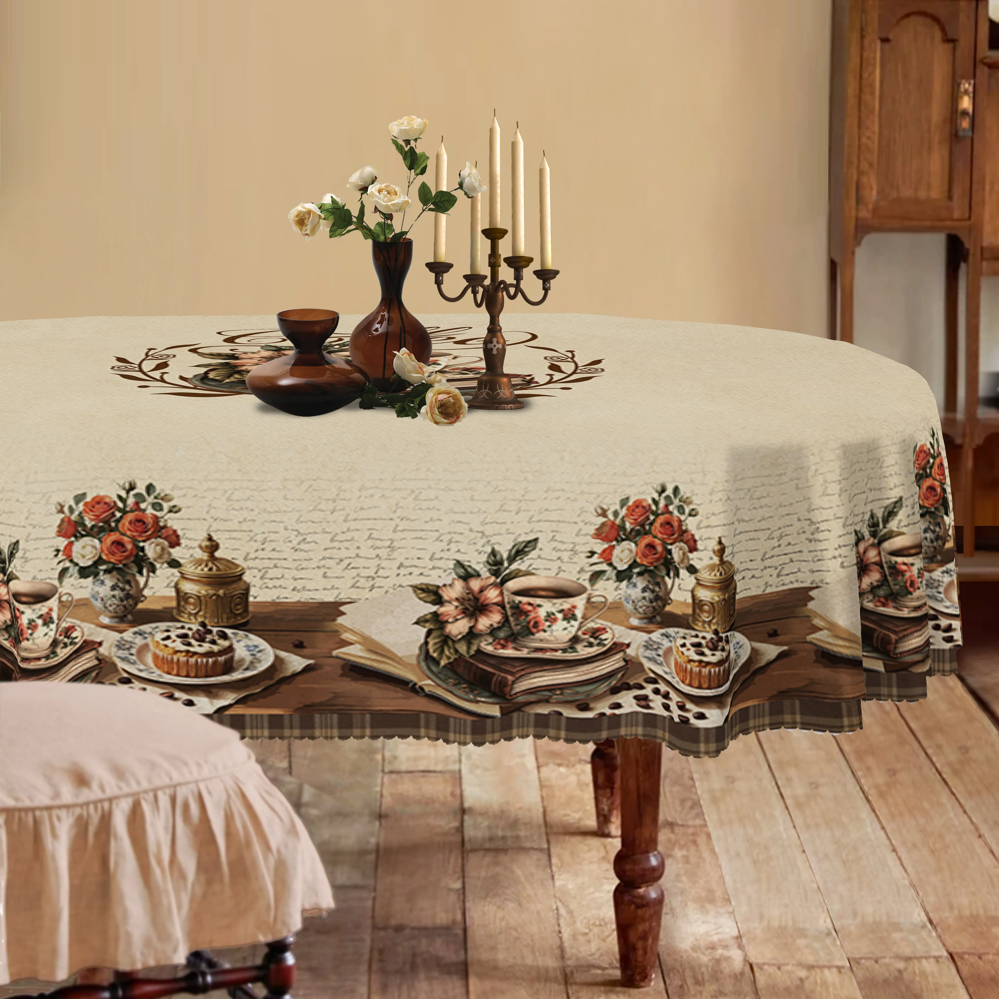 Retro coffee floral pastry check tablecloth, excellent decoration for spring and summer seasons