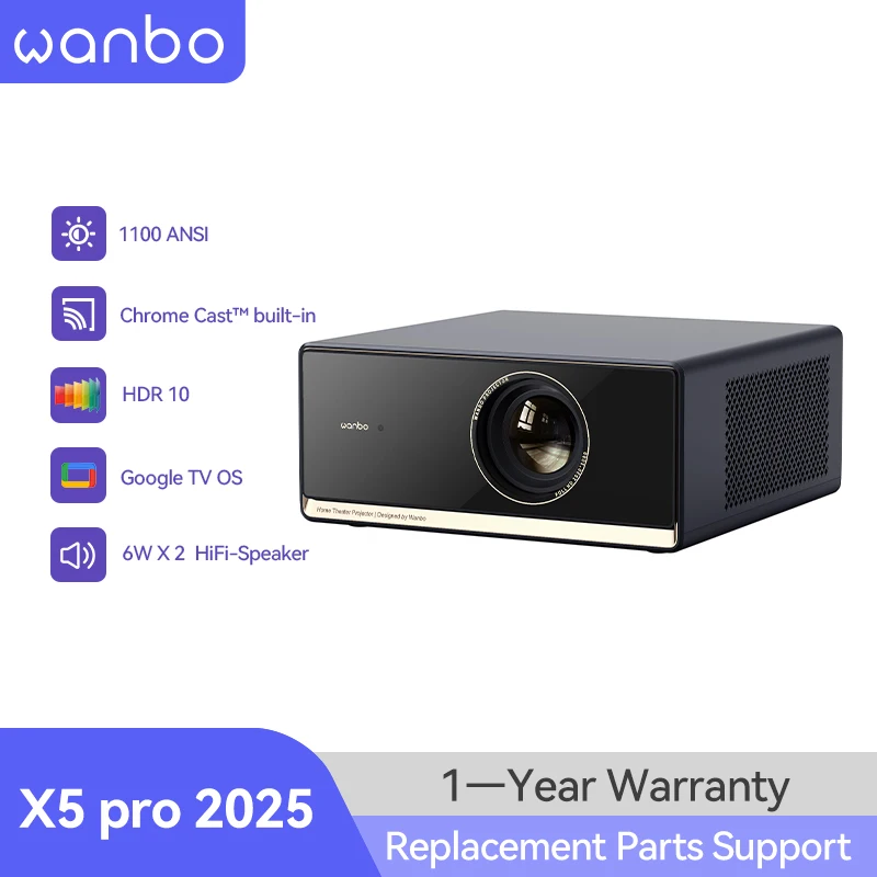 Wanbo X5 Pro 2025 Google TV,1100 ANSI, Resolución Nativa 1080P, Decodificación 4K, ASA 3.0, Enfoque Automático y Corrección Trapezoidal, Altavoz de 12W, Cine en Casa