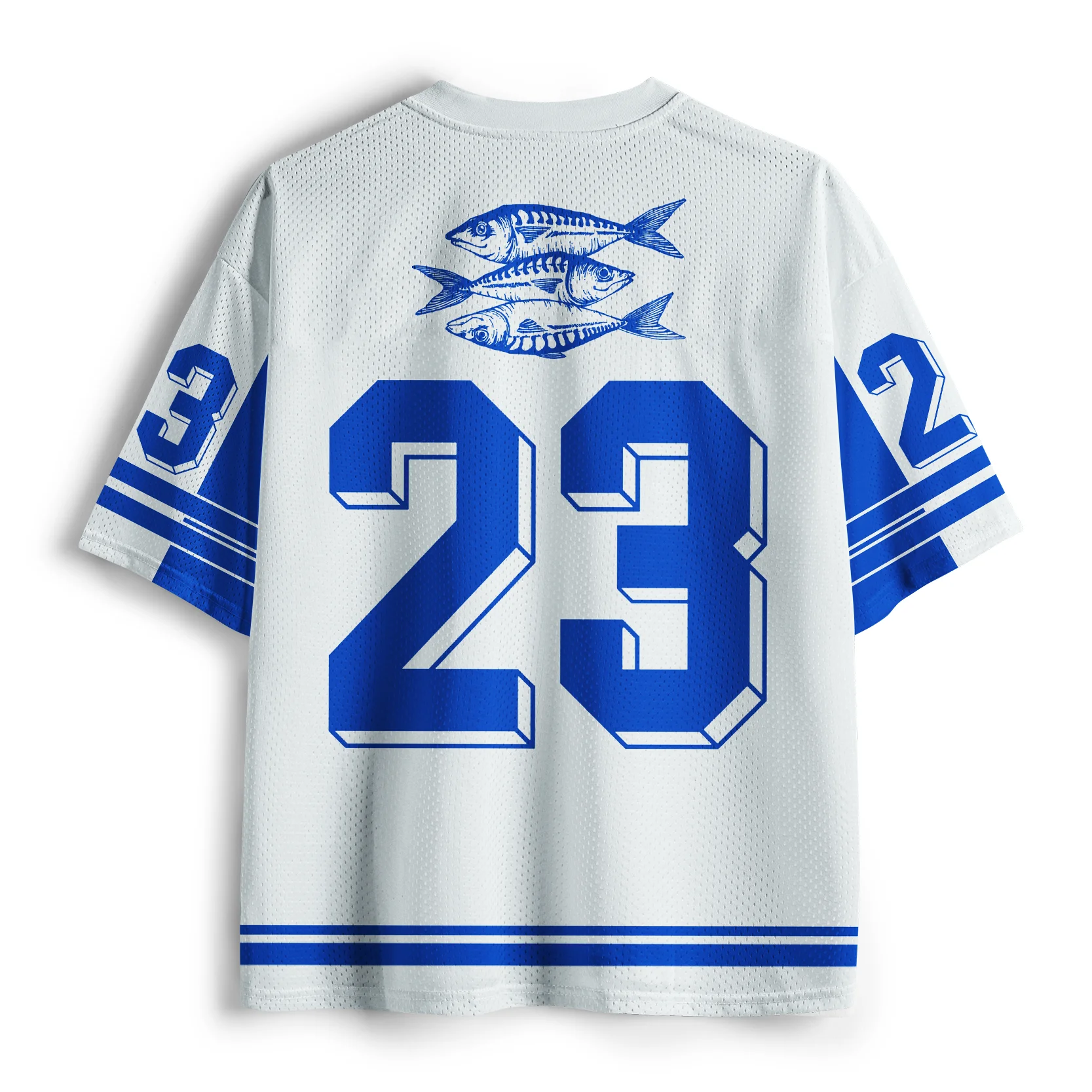 Olive Oil Sardine Printed Mesh Jersey Adult Children Retro Fish Street Super Large Blue White V-neck T-shirt