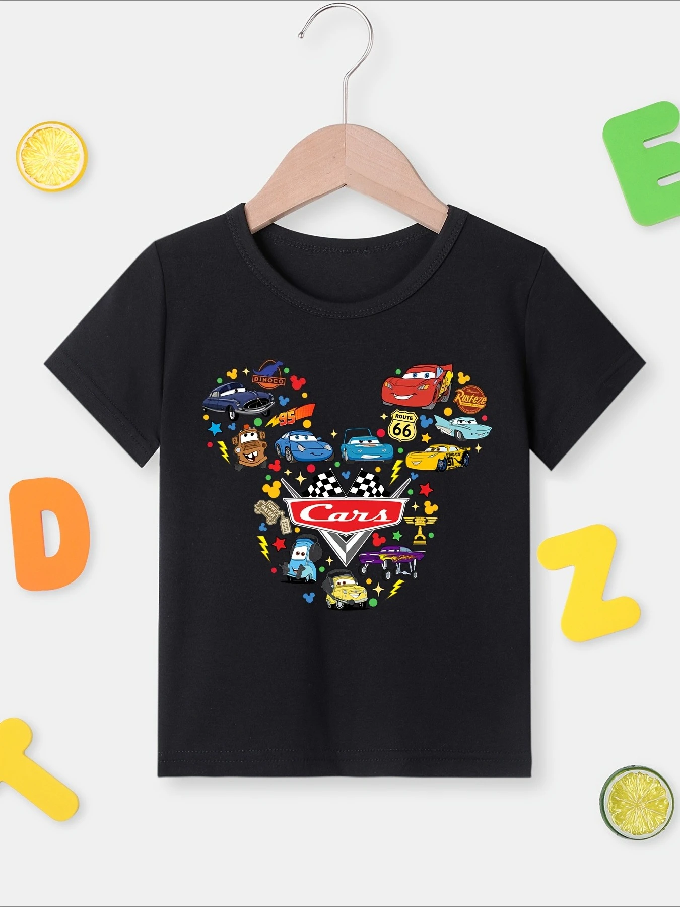 

Disney Racing Story Printed T-shirt Children's Daily Tops Suitable for The Whole Family Pure Cotton Round Neck Short Sleeve