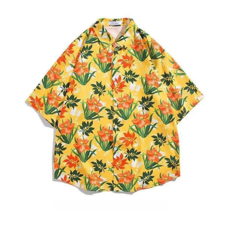 Men's Summer Seaside Vacation Retro Hawaiian Printed Short Sleeve Shirt Loose Casual Handsome Beach Travel Floral Shirt Coat