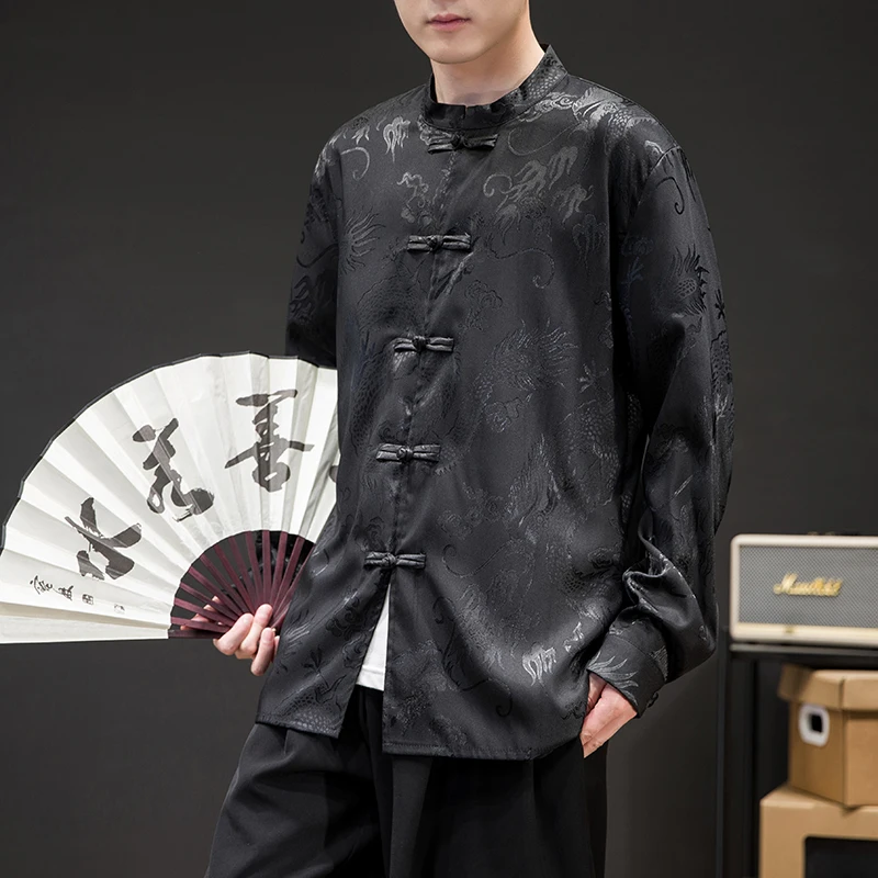 Ijs Zijde Dragon Mannen Shirt Chinese Stijl Retro Donkere Bloem Dun Vest Mens Casual Losse Traditionele Kung Fu Tai Chi Tang Shirt