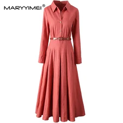 MARYYIMEI Elegant Commuter Solid Color Women's Dress Autumn Winter Turn-Down Collar Lace-UP Linen Dresses with long sleeves