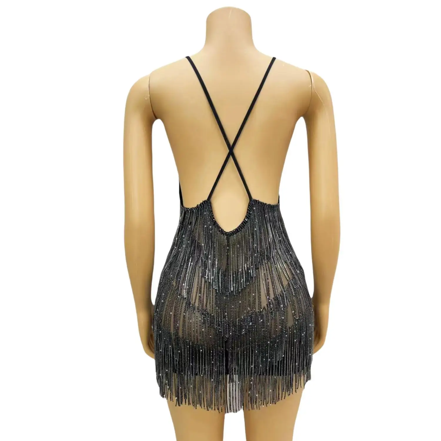 Women Sparkly Rhinestone Tassel Dance Dress Birthday Prom Evening Dress Ladies Latin Dance Team Mini Dress Night Party Outfit