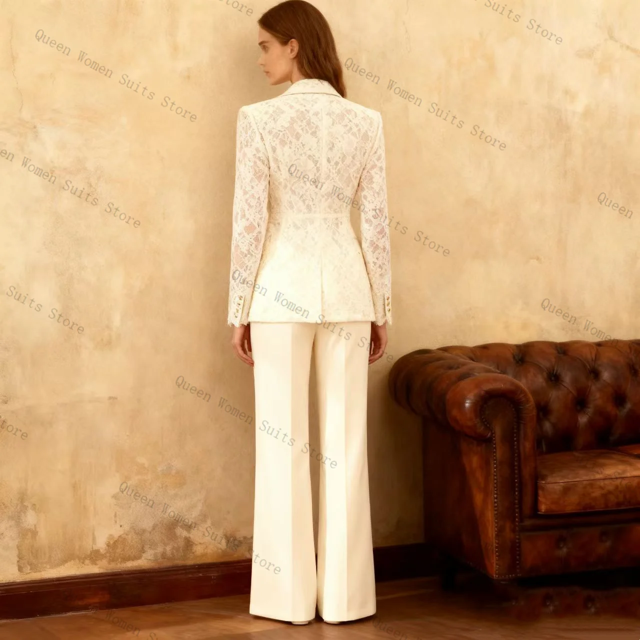 Pantaloni da donna in pizzo bianco Set 2 pezzi Blazer + pantaloni Abito da ballo Giacca da donna formale da ufficio in cotone Cappotto da sposa personalizzato