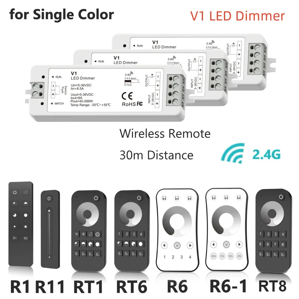 V1 LED Dimmer 5V 12V 24V 36V LED Controller 1 to 8 Zone 2.4G Wireless Remote RT1 RT6 RT8 R1 R6 R11 for Single Color LED Strip