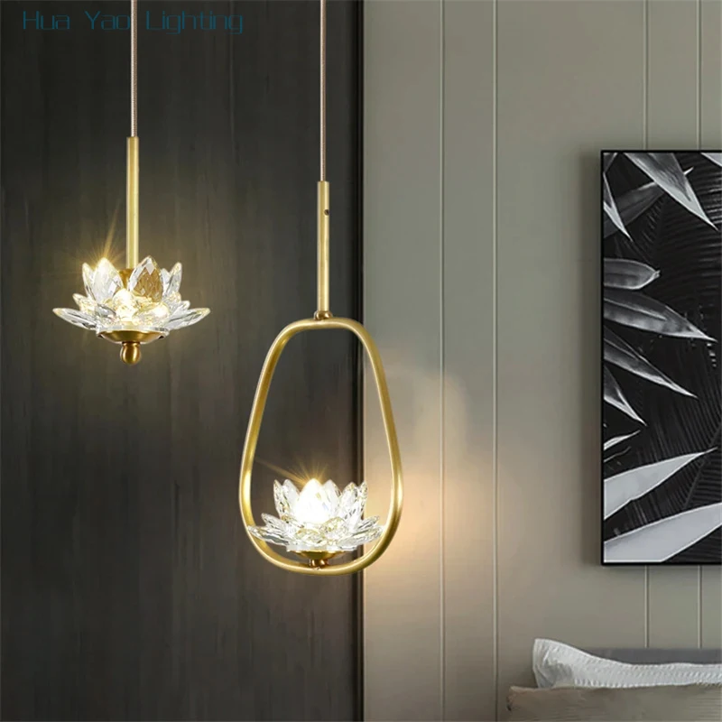 All-Copper Crystal Lotus Pendant Lights Bedroom Bedside Chinese Post Modern Luxury Single Balcony Aisle Hanging Lamps Lighting