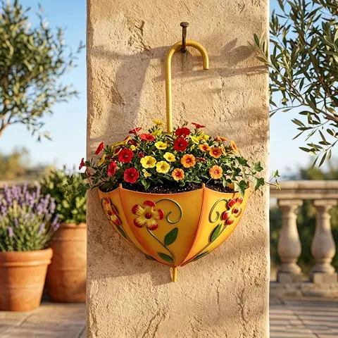 Creative Iron Umbrella Wall Hanging Planter Vintage Floral Wall Mount Flower Pot Succulent Planter Outdoor Garden Decor