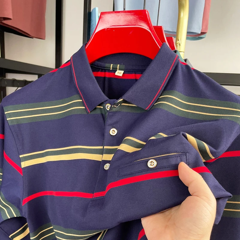 

Light luxury stripe men's long sleeve polo shirt fashion personalized button pocket design casual comfort high-quality T-shirt