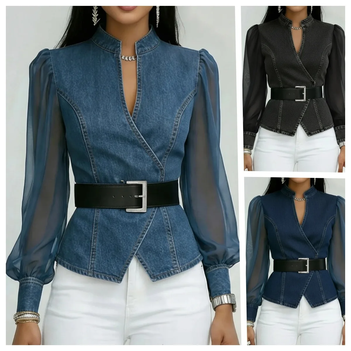 Casual Style Slim Fit V-neck Shirt With Patchwork Lace Long Sleeves Women's 2026 Spring New