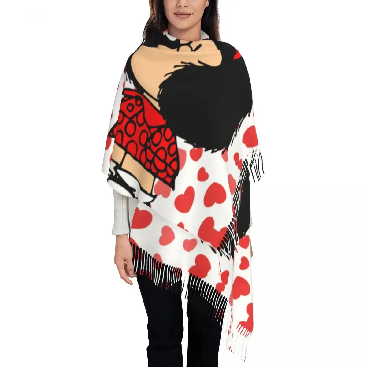 Mafalda Power With A Surprised Face Tassel Scarf Women Soft Quino Kawaii Cartoon Shawl Wrap Ladies Winter Fall Scarves