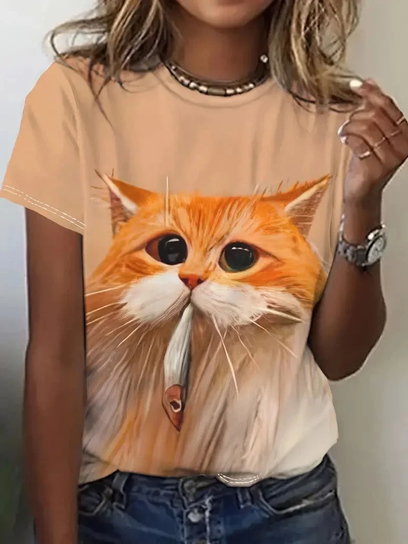 Women\'s T-shirt animal cat 3D printed summer short sleeved T-shirt cute girl street wear women\'s oversized pullover