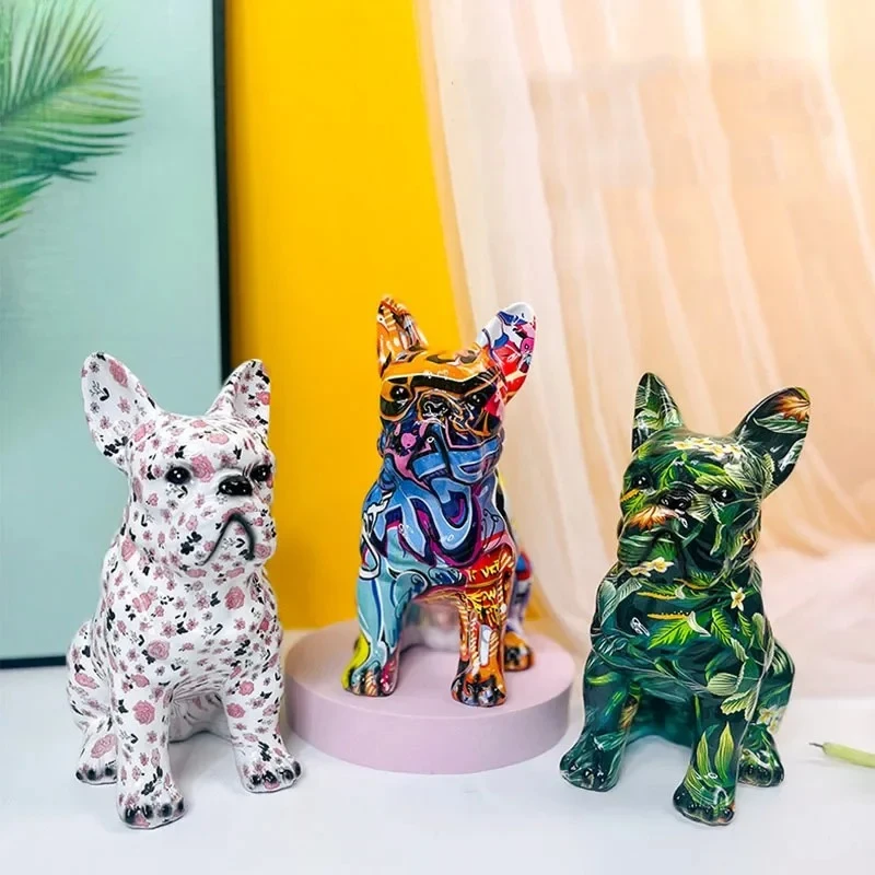 Colorful Graffiti Bulldog Statue Punk Artwork Resin Dog Sculpture Desk Decoration Ornaments Room Aesthetic Decor Furnishings