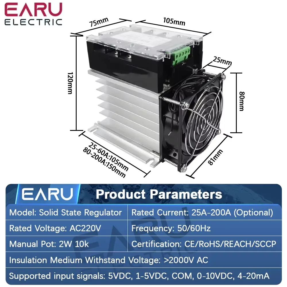 EARU AC 220V Single Phase DTY-200A DTY Full Isolation Voltage Regulator Module 25A-200A Heat Sink Fan Kit SMT DCB High Precision