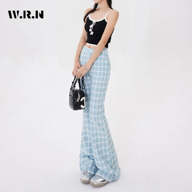 2024 Summer Sexy Casual Plaid Print High Waist Wide Leg Flared Pants Women's Fashion Sheath Hotsweet Full Length Trousers