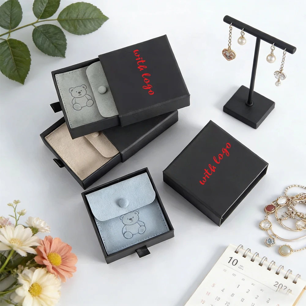 

100set Microfiber Jewelry Button Bags Jewellry Packaging Paper Drawer Boxes Personalized Small Wedding Gift Necklace Earring Box