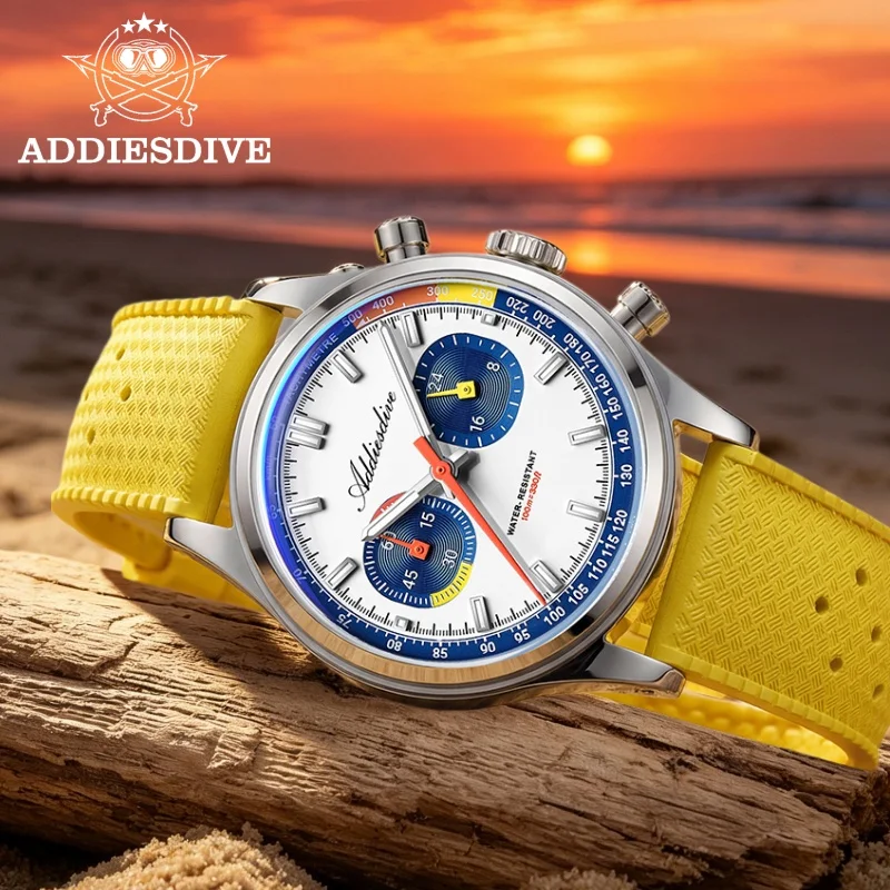 ADDIESDIVE TOP 38mm Watch For Men AD2549 Chronograph 0S21 BGW9 Super Luminous 10Bar Waterproof Fluorocarbon Rubber Quartz Watch