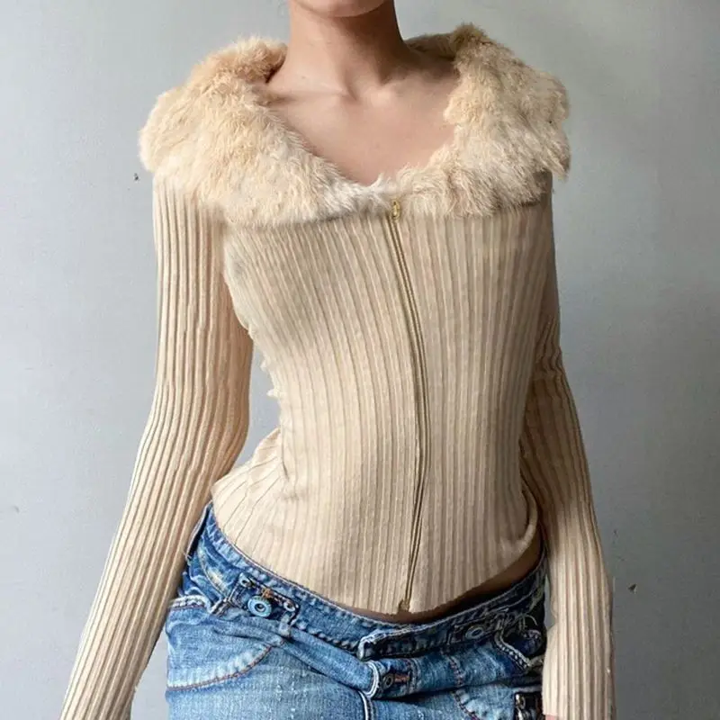 Light Luxury Fur Collar Patchwork Knit Zipper Atmosphere Feel Temperament Spice Girl Cardigan