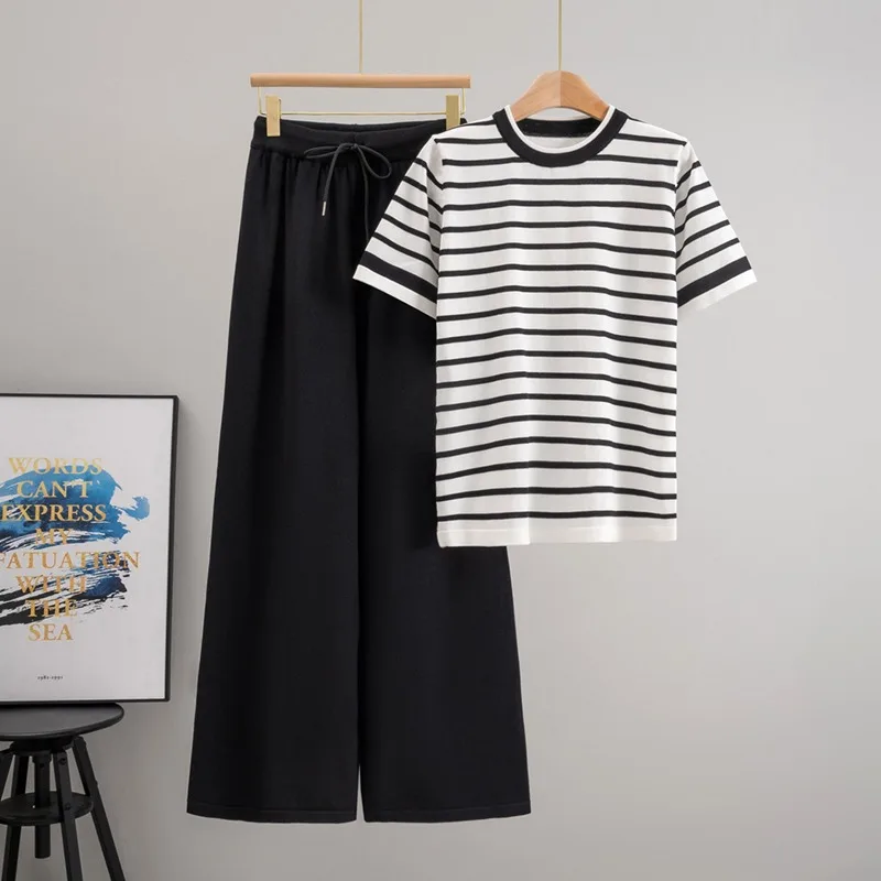 

Women Summer Knitted 2 Piece Sets Casual Striped Short Sleeve O-neck T-shirts Tops Conjuntos High Waist Wide Leg Pants Outfit