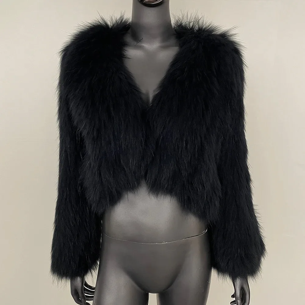 Chaqueta de piel de mapache Natural con cuello en V cálido 2025 Otoño Invierno nuevo abrigo de piel grueso de doble cara para mujer corta europea