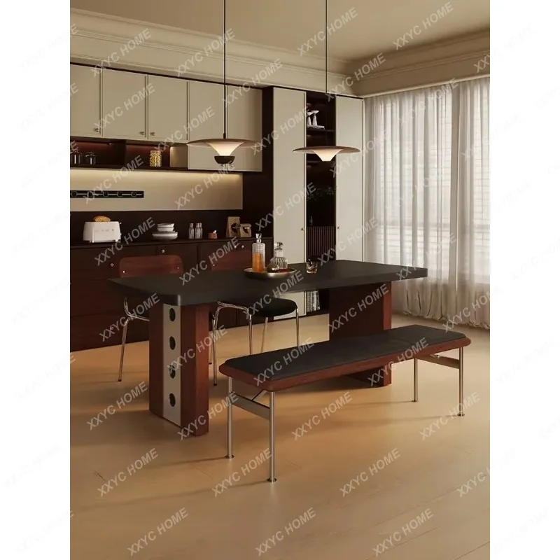XXMedieval Rock Slab Dining Table And Chair Combination Household Light Luxury Retro Style Rectangular Dining Table