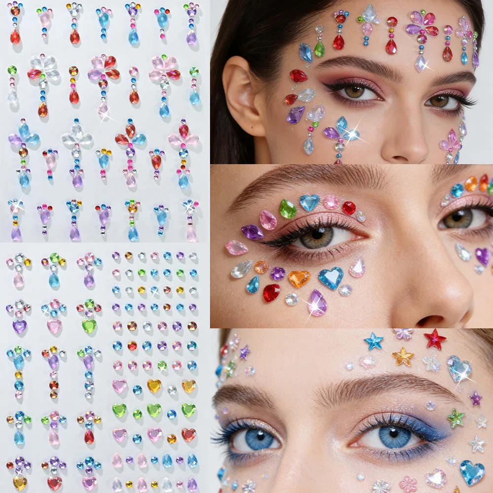 6 Stück/Set 5D gemischte bunte Diamant-Gesichtsstein-Aufkleber, glitzernde Sterne/Herzen/Blumen/Tropfen-Design-Strass für Augen/Gesichtsaufkleber – Detail 11