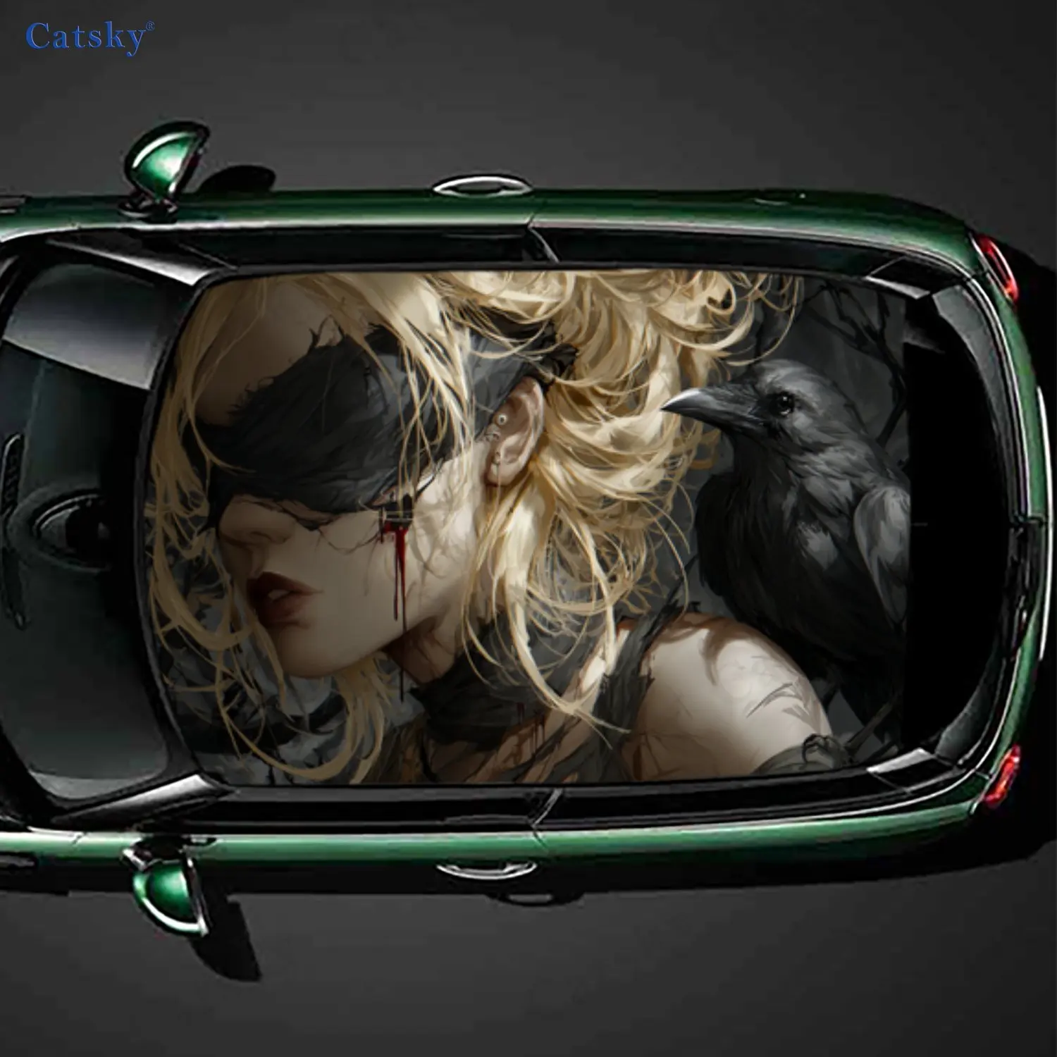 Dark Fantasy Raven Girl Mystery Car Roof Sticker, PVC Self-Adhesive Waterproof Car Vinyl Decal, Car Decoration Protection Sticke