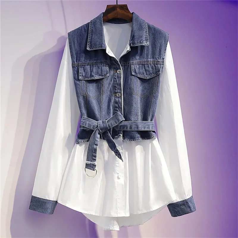 

2024 New Denim Stitching Jacket Shirt Tops Women Design Sense Spring Autumn Coat Retro Fashion Waistband Single-Breasted Jackets