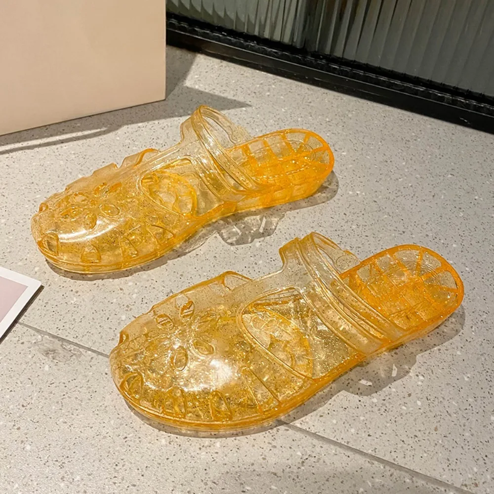 

Transparent PVC Crystal Slippers Hollow Flower Anti Slip Flats Slippers Women Cover Toe Beachwear Shoes Slides Sandals Beach