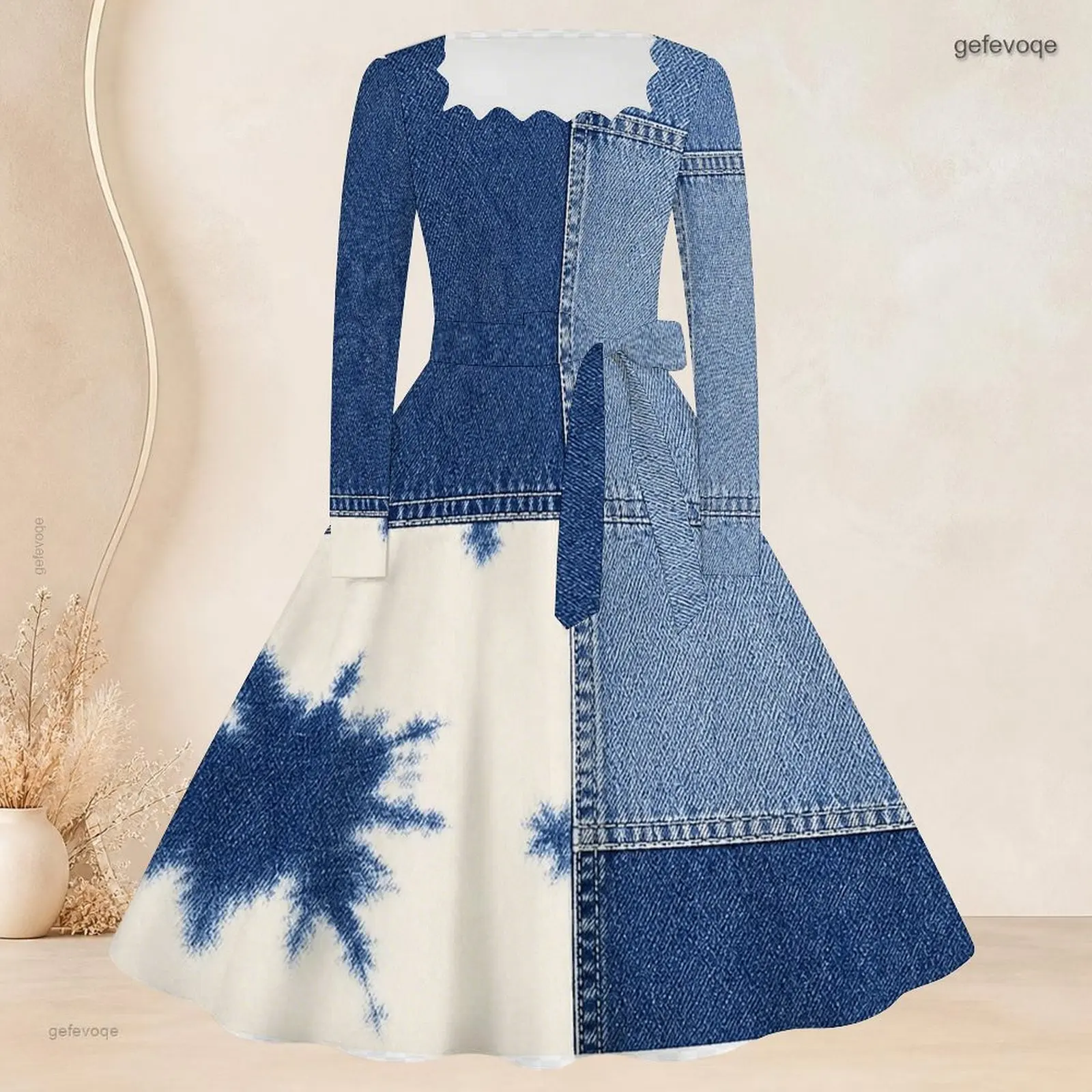 Women Dress with Print Square Neck Long Sleeve Tie Waist A Line Flared Hem