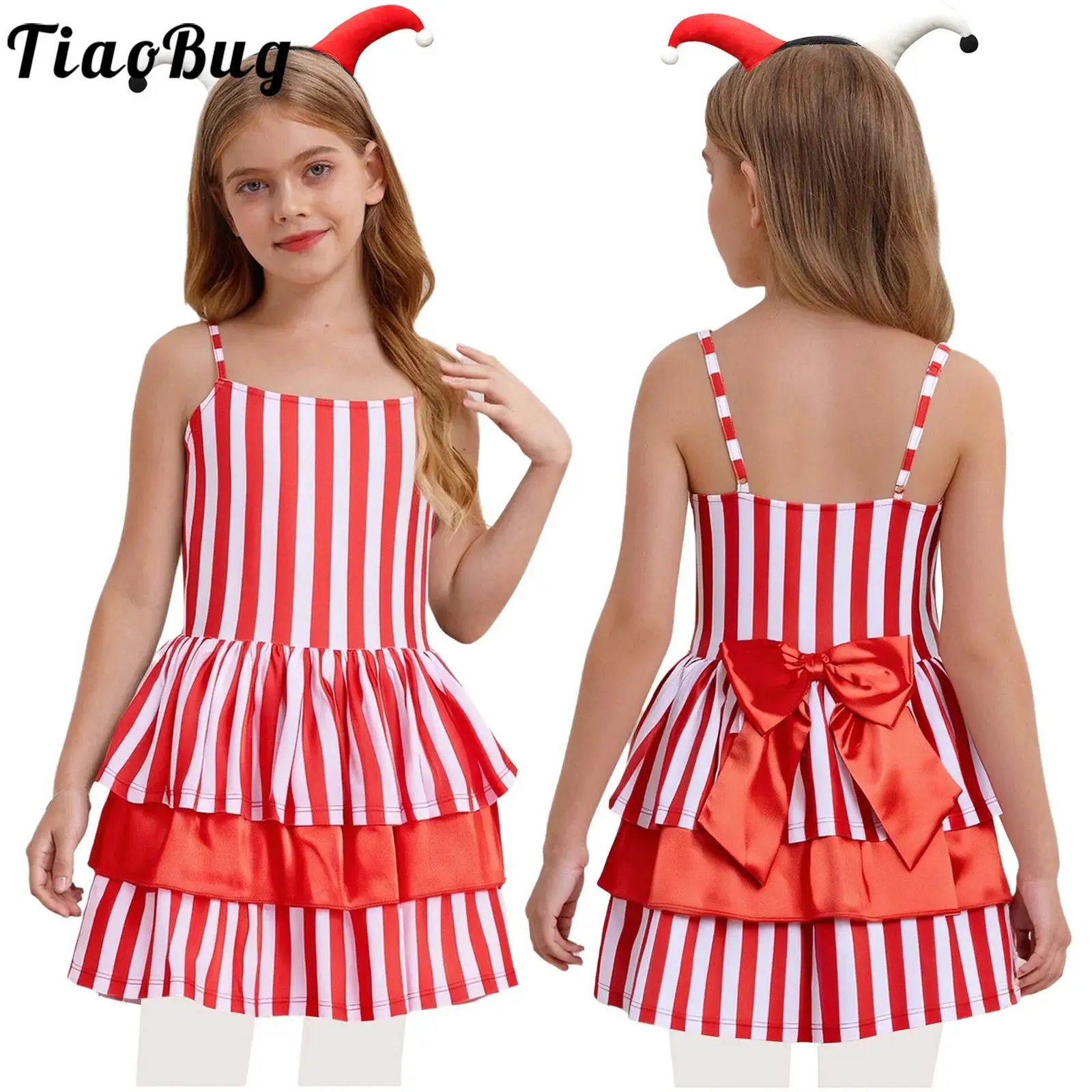 

Kids Girls Clown Costume Halloween Party Circus Joker Cosplay Dress Striped Spaghetti Strap Layered Tutu Leotard with Headwear